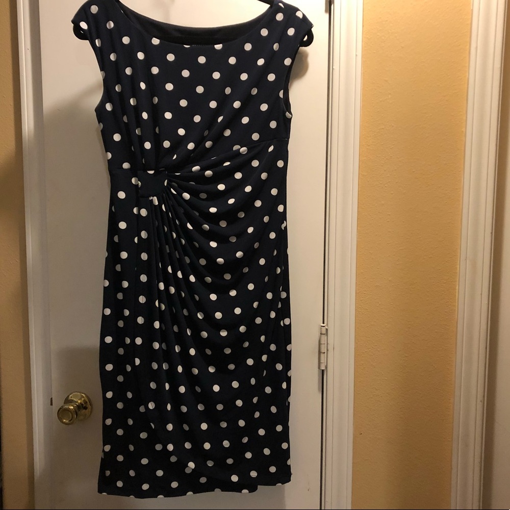 Navy with white polka dots faux wrap dress